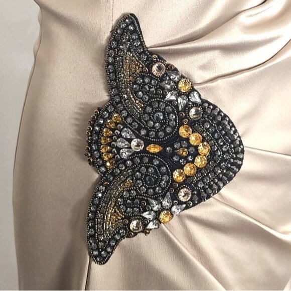 Eliza J One Shoulder Cocktail Dress 4 Jeweled Champagne Gold Party Satin - Picture 4 of 8